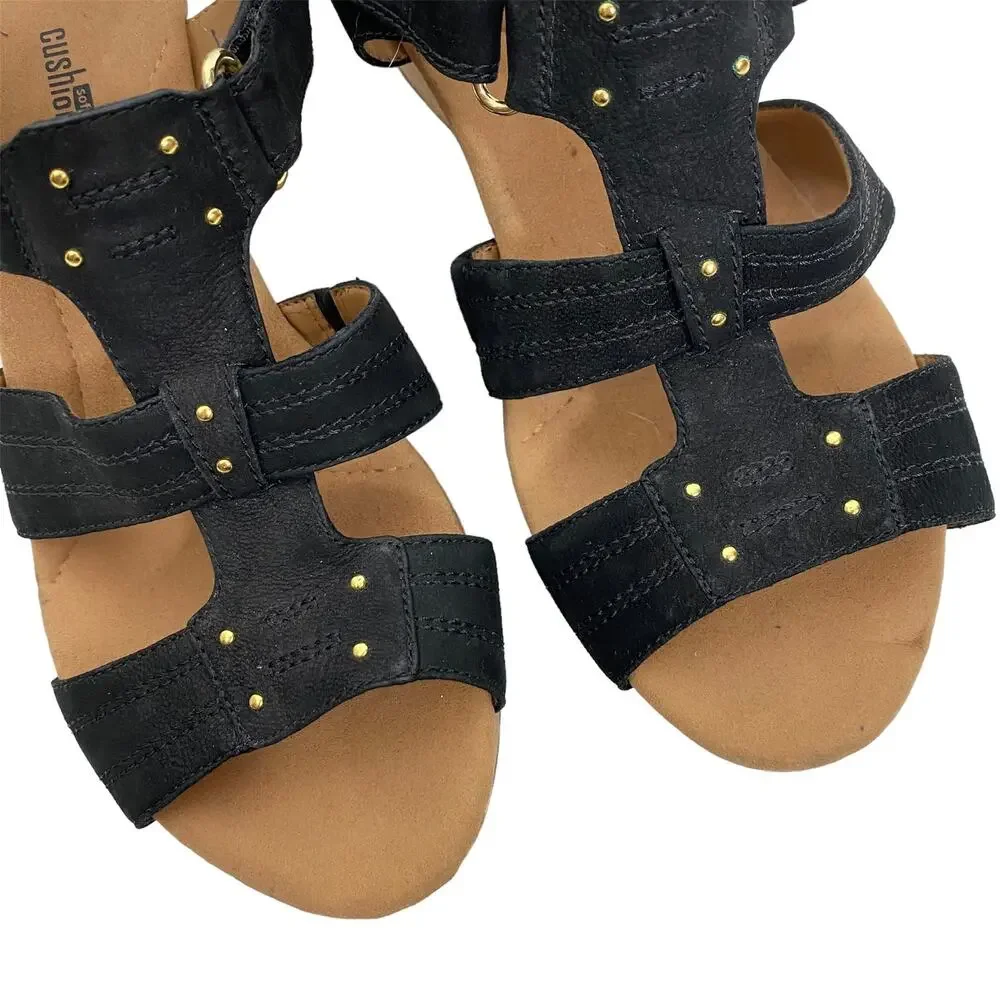 Clarks Annadel Orchid Wedge Sandals Cork Studded Heeled Black Suede 9M